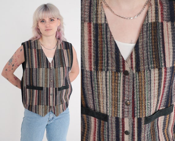 90s Striped Vest Wool Blend Vest Button up Knit Vest Sleeveless Shirt Bohemian Retro Snap Button Up Vintage 1990s Black Beige Small S