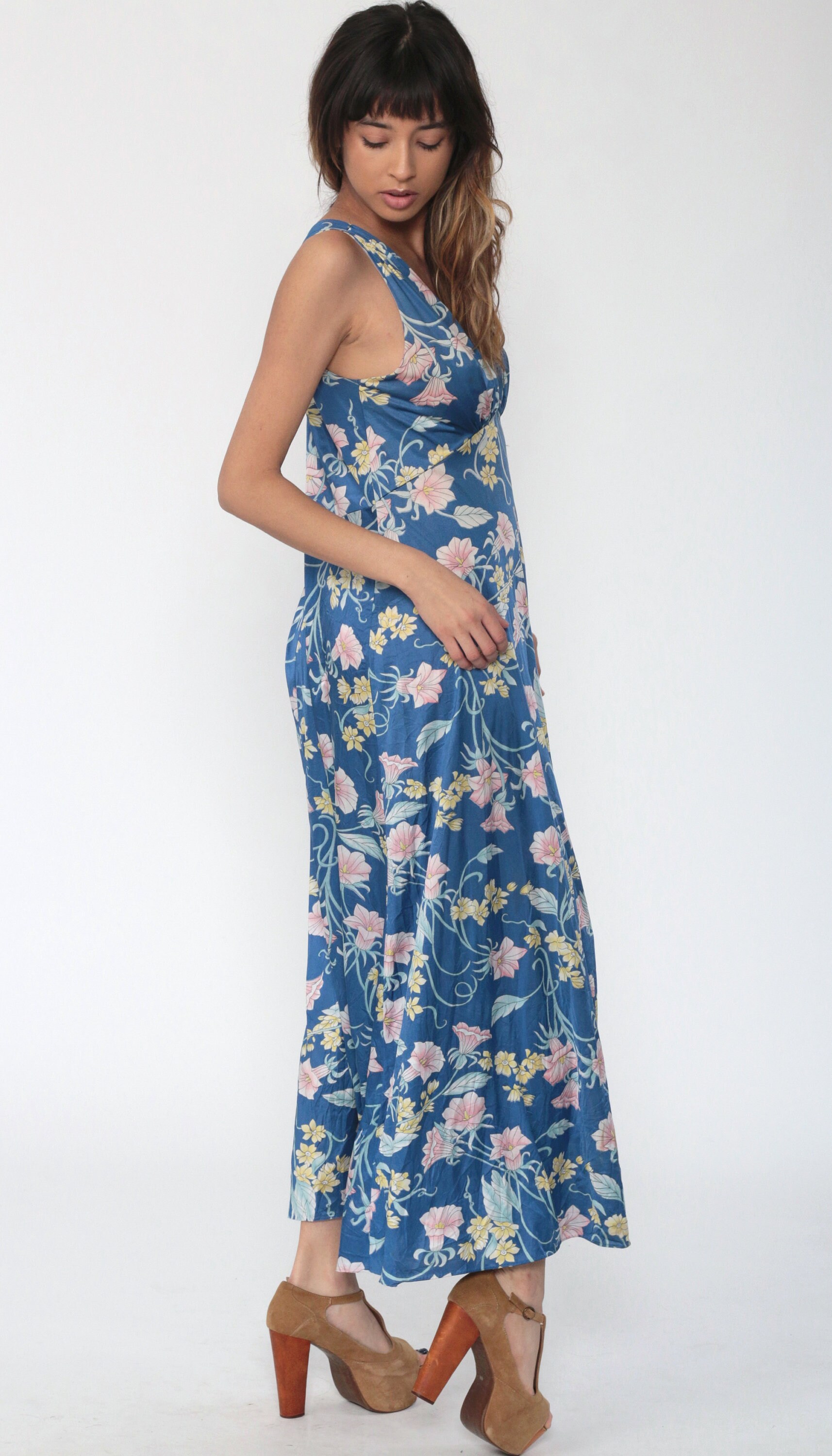 Floral Lingerie Nightgown Vanity Fair Slip Dress 70s Maxi Boho PLUNGE Blue Deep V Neck Lounge