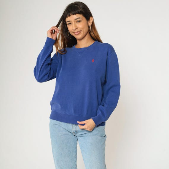 Vintage Polo Ralph Lauren Sweatshirt S/P 90s Blue Red Pony Logo Pullover Jumper Crewneck 1990s  Cotton Knit Retro Women's Petite Small S