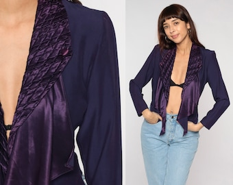 Purple Blazer Jacket 90s Cascade Ruffle Open Front Cropped Jacket Woven Back Slit Vent Retro Boho Glam Party Vintage 1990s Extra Small xs 2