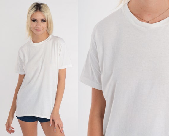 Plain White T-Shirt 80s Tee Basic Solid Crew Neck… - image 1