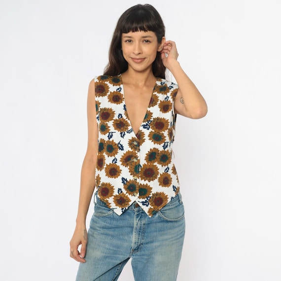 Sunflower Floral Vest 90s Cotton Button Front V Neck Sleeveless Cropped White Yellow Gold Blue Cottagecore Prairie Summer Vintage Medium M