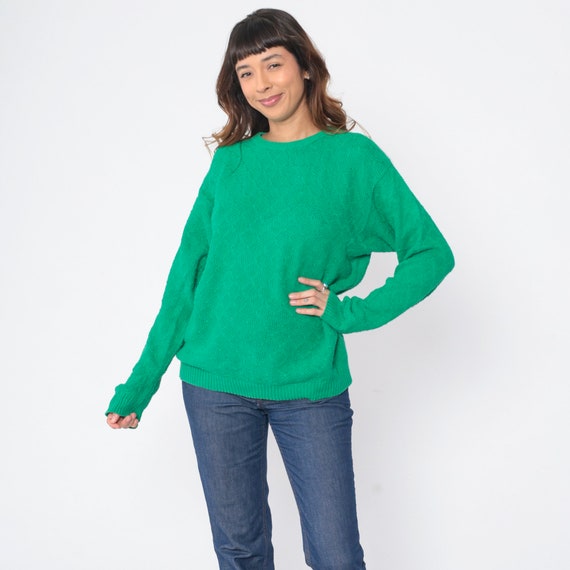 80s Diamond Knit Sweater Green Sweater Slouchy Kn… - image 2
