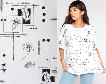 Camiseta Floral de los años 90, camiseta Floral blanca y negra, camiseta gráfica de manga corta, camisa con estampado de flores, Vintage de los años 1990 2x xxl 2x