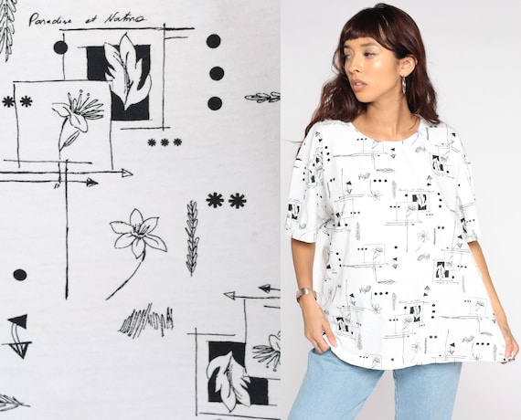 Floral T Shirt 90s Floral Tee White Black Graphic Tshirt Short Sleeve TShirt Flower Print Shirt 1990s Vintage 2x xxl 2x