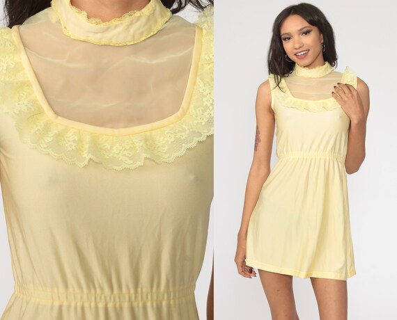 70s Victorian Dress Yellow Mini LACE BIB Ruffle Pa