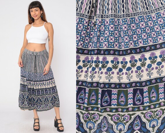 90s Broomstick Skirt Boho Floral Paisley Print Midi Crinkle Skirt Purple Blue Hippie Colorful Festival Vintage 1990s Plus Size 2x 2xl xxl