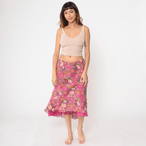 Pink Floral Skirt Y2K Midi Length Elastic Waist Layered Ruffle Hem Champagne Collection Rayon Romantic Vintage 2000s Small Medium Large