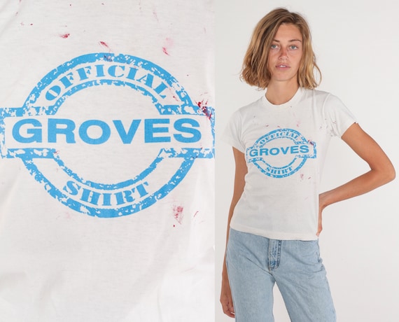 Official Groves Shirt 90s T-Shirt Graphic Logo Tee Retro T Shirt Paint Splatter Distressed Single Stitch White Vintage 1990s Screen Stars XS