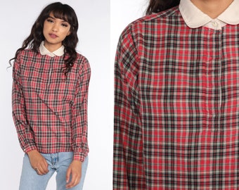Red Plaid Blouse 80s Button Up Shirt Checkered Print Long Sleeve Top Peter Pan Collar Shirt 1980s Vintage Cotton Medium