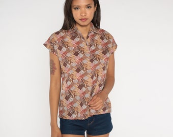 Patchwork Floral Blouse 70s Boho Top Brown Calico Print Shirt Bohemian Short Sleeve 1970s Vintage Boho Hippie Collarless Polo Medium