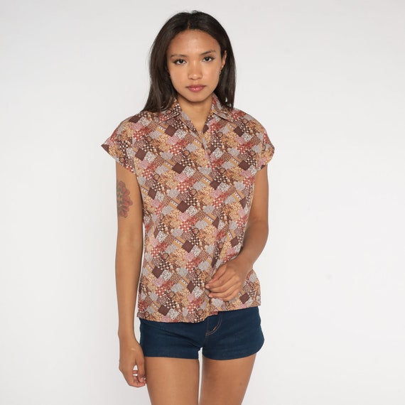 Patchwork Floral Blouse 70s Boho Top Brown Calico Print Shirt Bohemian Short Sleeve 1970s Vintage Boho Hippie Collarless Polo Medium