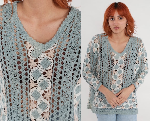 Sheer Cutout Sweater 00s Blue Crochet Sweater Bohemian Cut Out Boho Cutwork Open Weave Sweater V Neck Festival Hippie Top Vintage Y2K Medium