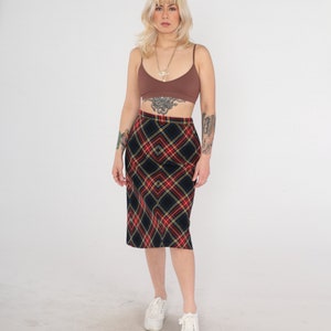 Wool Plaid Skirt 70s Tartan Skirt Midi Black Red School Girl High Waist Checkered Retro Vintage 1970s Lolita Small S image 2