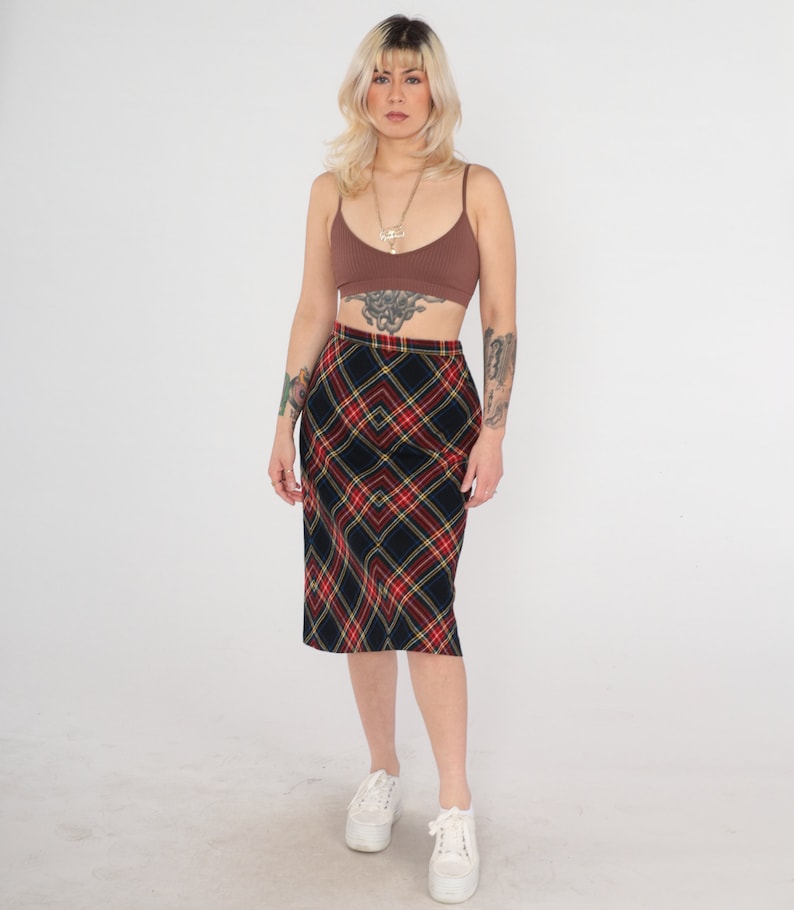 Wool Plaid Skirt 70s Tartan Skirt Midi Black Red School Girl High Waist Checkered Retro Vintage 1970s Lolita Small S image 2