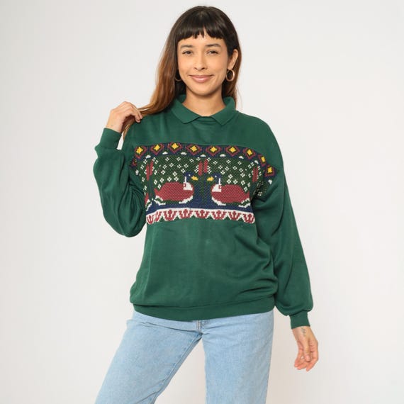 Vintage Duck Sweatshirt 90s Dark Green Knit Animal Sweater Collared Jumper Slouchy 1990s Graphic Nature Oversized Small S