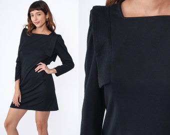 90s Mini Dress Black Power Shoulder Puff Sleeve Dress 80s Vintage Sheath Retro Plain Square Neckline Long sleeve Secretary Small