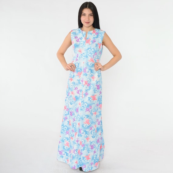 Vintage Floral Maxi Dress 70s Blue Pink Botanical Print Dress Slit Neck Long High Waist Boho Hippie 1970s Sleeveless Bohemian Small Medium