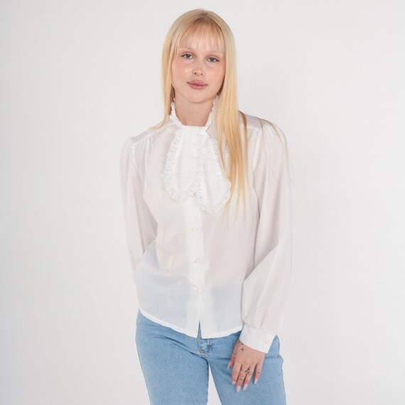80s Ascot Blouse White Lace Trim Neck Tie Top High Neck Button up Shirt Semi-Sheer Retro Secretary Tuxedo Long Sleeve Vintage 1980s Large L