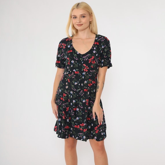 Vintage Black Floral Romper 90s Grunge Playsuit Wide Leg Mini Shorts Scoop Neck 1990s Short Sleeve Button Up Jumpsuit High Waist Medium