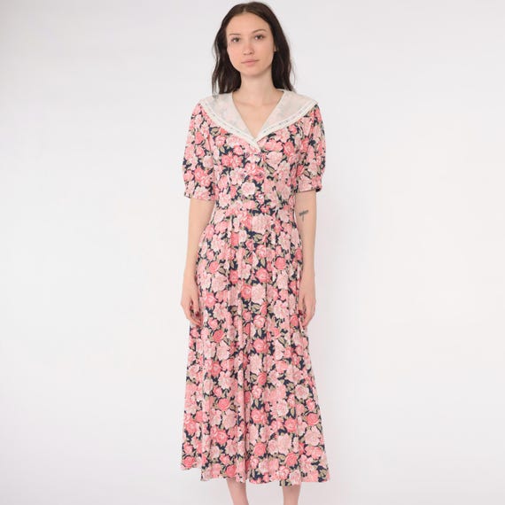 80s Laura Ashley Dress Pink Floral Dress Puff Sleeve Midi Cottagecore Double Breasted Button Up Vintage 1980s Boho Fit and Flare Small 4