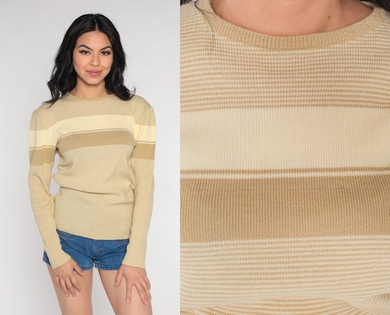 Tan Striped Sweater 80s Pullover Knit Sweater Ret… - image 1