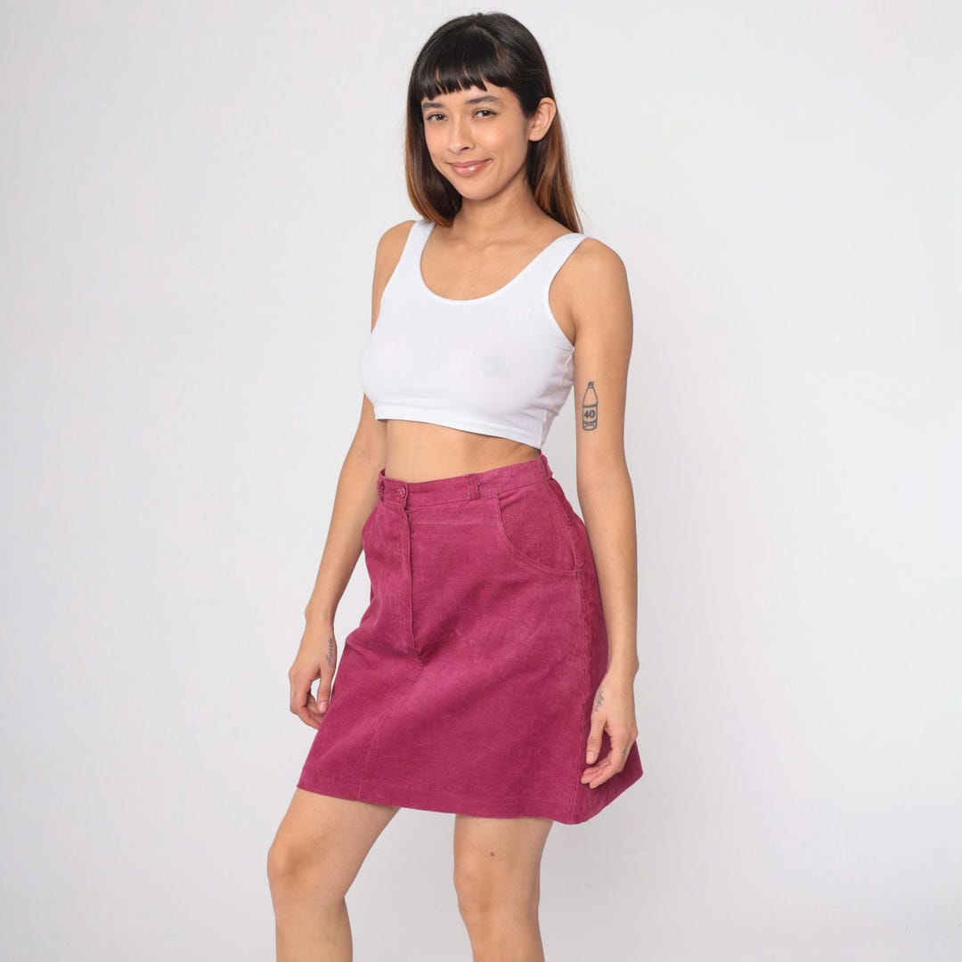 Vintage 80s Corduroy Skirt High Waist Raspberry Pink A-line Mini