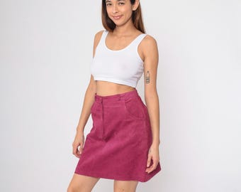 Vintage 80s Corduroy Skirt High Waist Raspberry Pink A-Line Mini Skirt 1980s Preppy Fall Skirt Medium