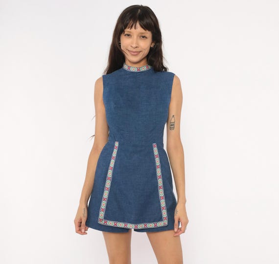 60s Denim Romper Blue Chambray Playsuit Mock Neck Embroidered Trim Folk Floral Ribbon Cotton Mod One Piece Vintage Petite Extra Small XS