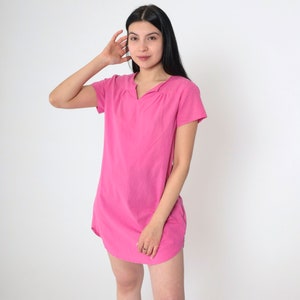 Bright Pink Tshirt Dress Vintage 90s Plain Micro Mini T Shirt Dress Slit Neckline Short Sleeve Normcore 1990s Simple Solid Pink Small S image 3