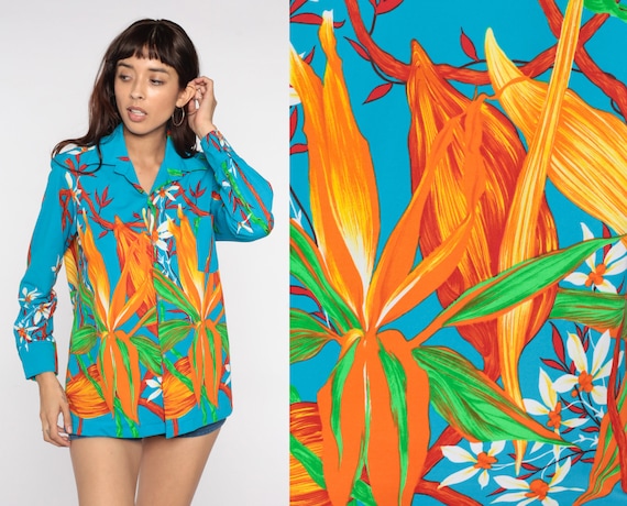 70s Floral Shirt Blue Boho Shirt Dagger Collar Disco Shirt Button Up Bohemian Blouse 1970s Hippie Vintage Long Sleeve Medium Large