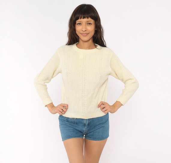 70s Cable Knit Sweater Cream Pullover Button Back Blouse Off White Collegiate Jumper Three Quarter Sleeve Ribbed Top Academic Style Medium M