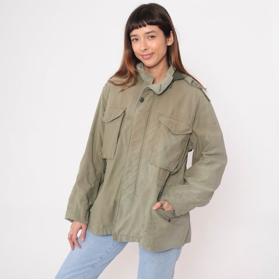 90s Military Jacket Faded Army Commando Cargo Distressed Field Jacket Zip Up Olive Drab Khaki Green Jacket 1990s Hood Men's Medium Short