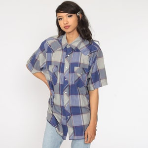 Wrangler Western Shirt 80s Plaid Shirt Blue PEARL SNAP Shirt Short Sleeve Checkered Button Up Vintage Extra Large xl