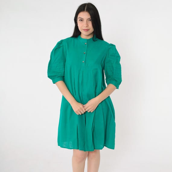 Vintage Green Pleated Tent Dress 80s Puff Sleeve Mini Dress Jordache Preppy Button Up Bib Yoke Dress 1980s Retro Trapeze Medium M