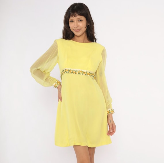 70s Embroidered Floral Mini Dress Yellow Chiffon Sleeve Ribbon Trim Butter Feminine Coquette Cottagecore Spring Garden Party Vintage Small S