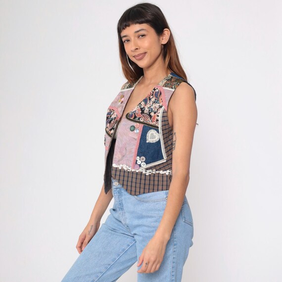 90s Reversible Patchwork Vest Vintage Chambray Pl… - image 4