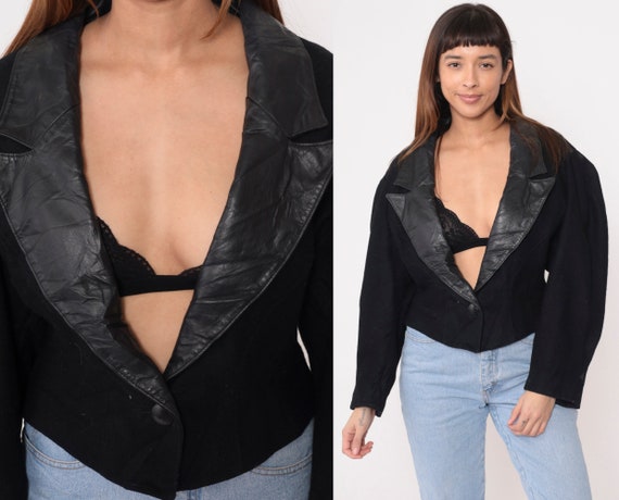 Black Wool Blazer Jacket 80s 90s Leather Collar J… - image 1