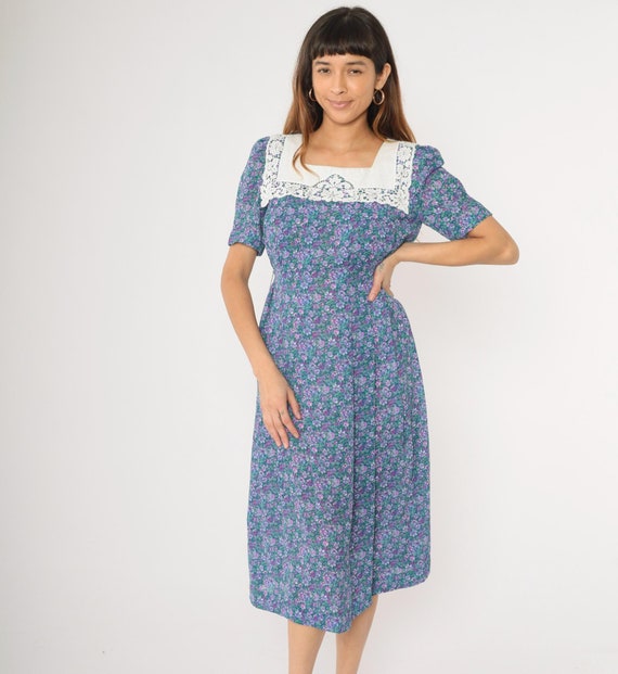 Vintage 80s Floral Midi Dress Prairie Cottagecore Purple Green Puff Sleeves Lace Bib Collar Square Neck Granny 1980s Petites 6 Small