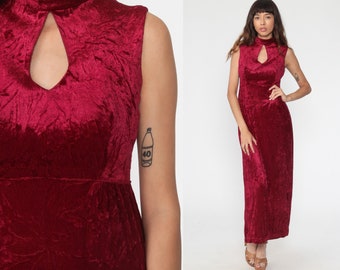 Velvet Maxi Dress 70s Keyhole Dress Boho Gown Empire Waist Party Red Vintage Choker Neck Lace Bohemian 1970s Sexy Sleeveless Small