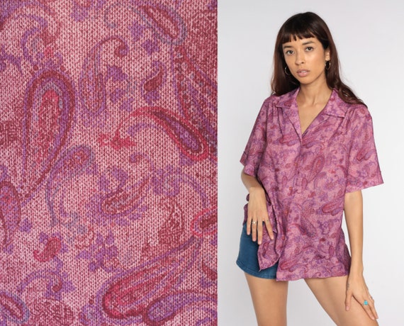 Paisley Button Up 70s Disco Shirt 80s Boho Dagger Collar Blouse Pink Purple Hippie Top 1970s Psychedelic Short Sleeve Vintage Extra Large XL