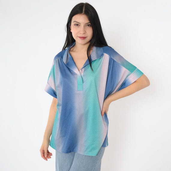Vintage Polka Dot Shirt 70s Ombre Blouse Blue Turquoise Pink Gradient Top Retro Mod Summer Polo Button Neck Boho 1970s Plus Size 2xl