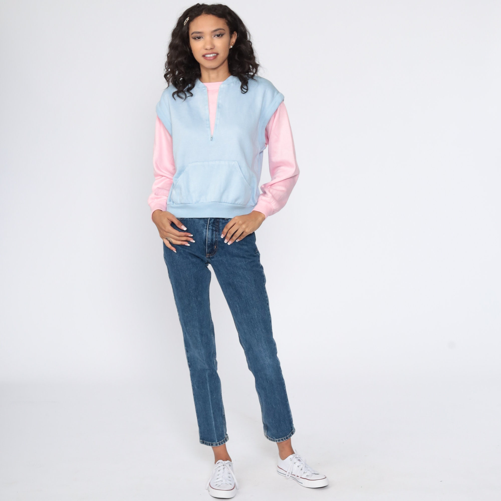 Size Small Baby Pink Baby Blue Sweater with Pockets Sweater Vintage 80s Pastel Sweater