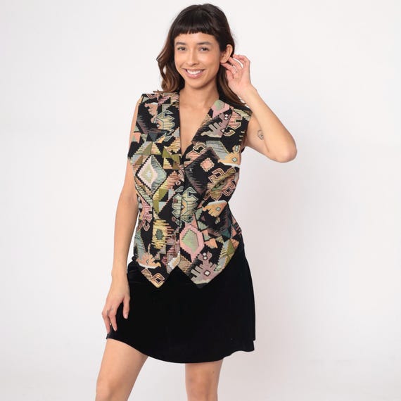 Southwestern Tapestry Vest 90s Black Pink Green Tan Olive Brown Geometric Cotton V Neck Western Rodeo Cowgirl Waistcoat Vintage Large L