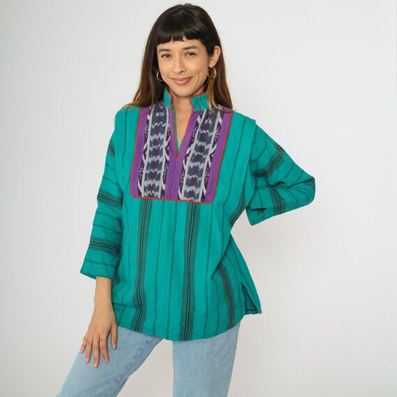 Vintage Green Ikat Tunic Top 90s Purple Bib Guatemalan Style Woven Stripe Long Sleeve Shirt 1990s Boho Festival Mandarin Collar Large L