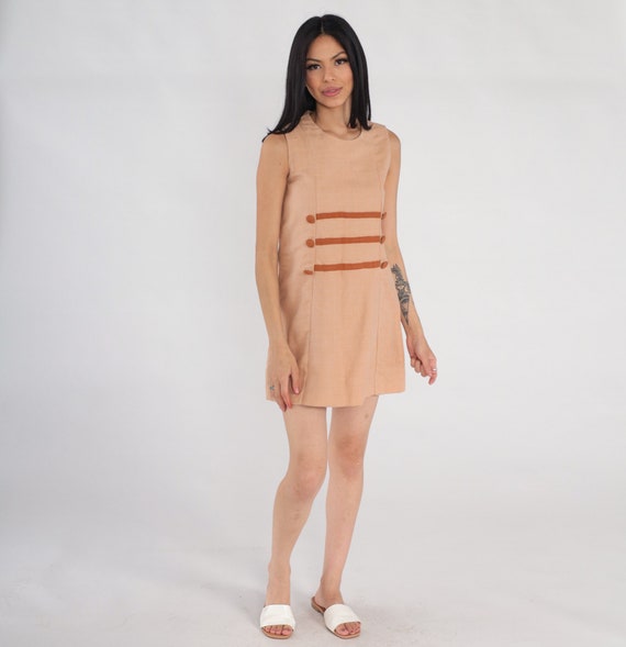 60s Shift Dress Mod Micro Mini Dress Tan Tonal Br… - image 3
