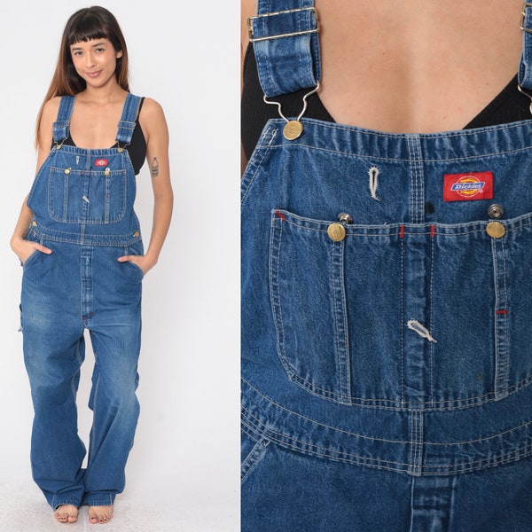 Dickies Overalls Y2K Utility Hammer Loop Blue Denim Bib Overall Pants Dungarees Workwear Jean Carpenter Retro Vintage 00s Mens Small 36 x 30