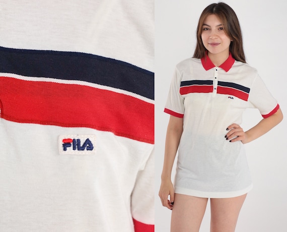 80s Fila Polo Shirt White Striped Collared T-shirt Streetwear