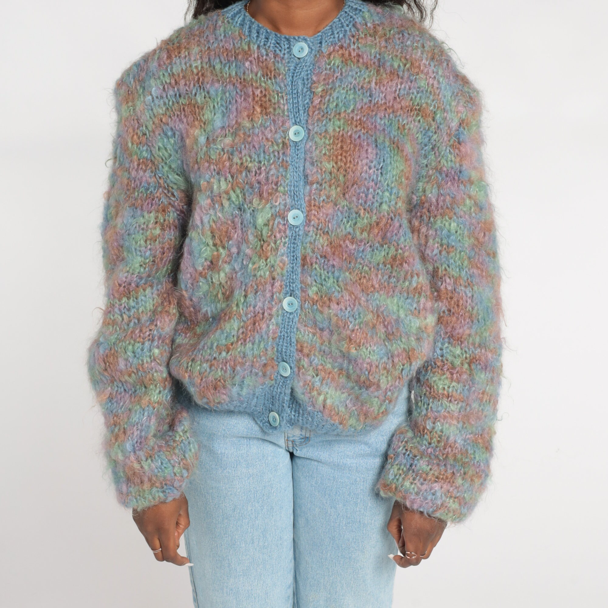 Space Dye Cardigan 80s Button Up Mohair Knit Sweater Colorful Bohemian