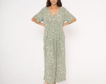 90s Floral Maxi Dress Teal Cream V Neck Short Sleeve Prairie Cottagecore Sage Green Garden Print Pleated Waist Summer Spring Easter Large L